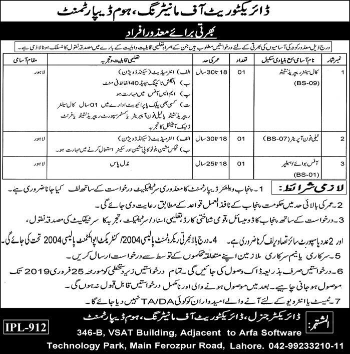 Punjab Home Department Jobs 2019 for Call Center Representative, Telephone Operator and Support Staff