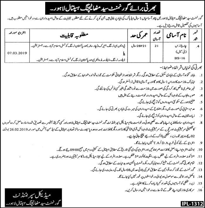 Govt Syed Mittha Teaching Hospital Lahore Jobs 2019 for 21+ Charge Nurses