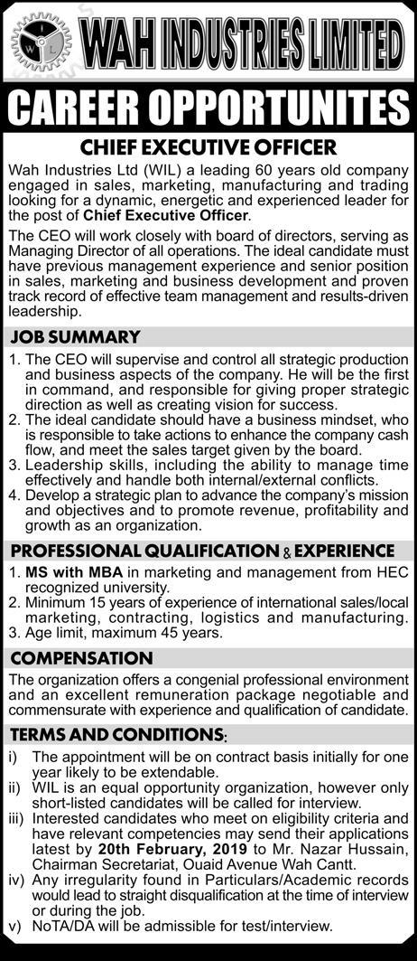 Wah Industries Ltd Jobs 2019 for CEO Post
