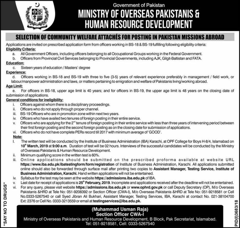 Ministry of Overseas Pakistanis & HRD Jobs 2019 for Community Welfare Attaches – Govt Officers Apply