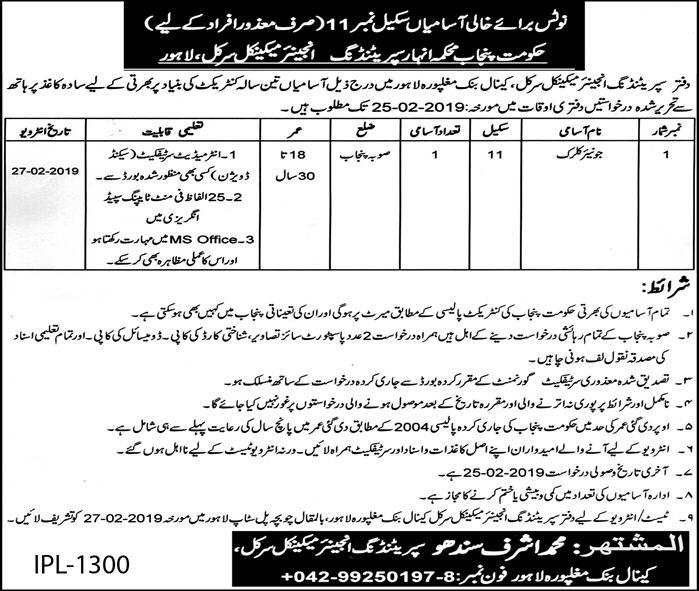 Irrigation Department Punjab Jobs 2019 for Junior Clerk (Disable Quota)