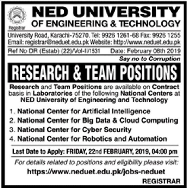 NED University of Engineering & Technology Jobs 2019 for Research & Team Positions