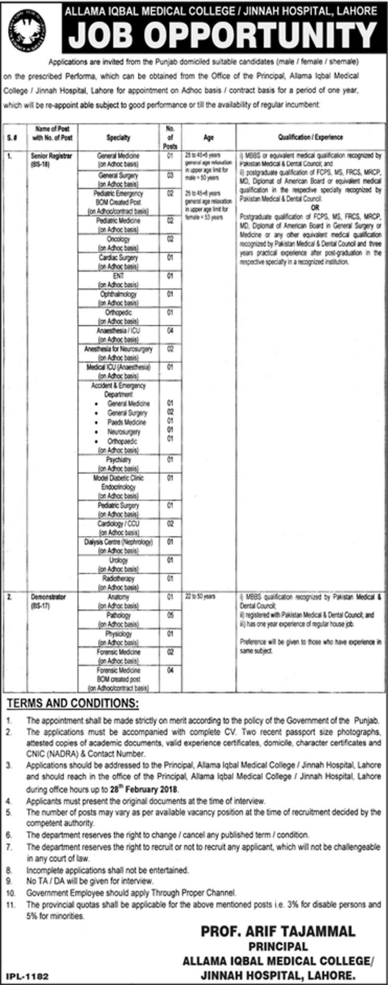 Jinnah Hospital Lahore Jobs 2019 for 48+ Demonstrators, Registrars / Teaching Faculty