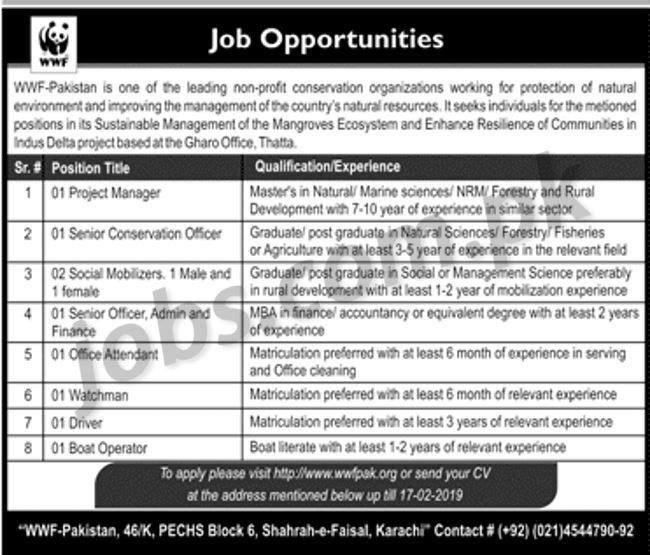 WWF Pakistan Jobs 2019 for 9+ Admin, Finance, Social Mobilizers, Conservation Officer, Project Manager & Other Posts