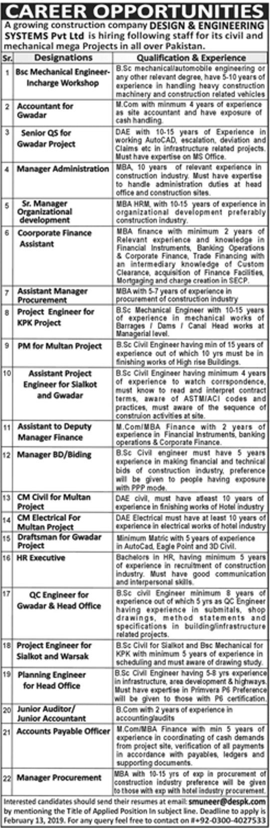 Design & Engineering Systems Pakistan Jobs 2019 for Various Posts for Mega Projects (All Pakistan)