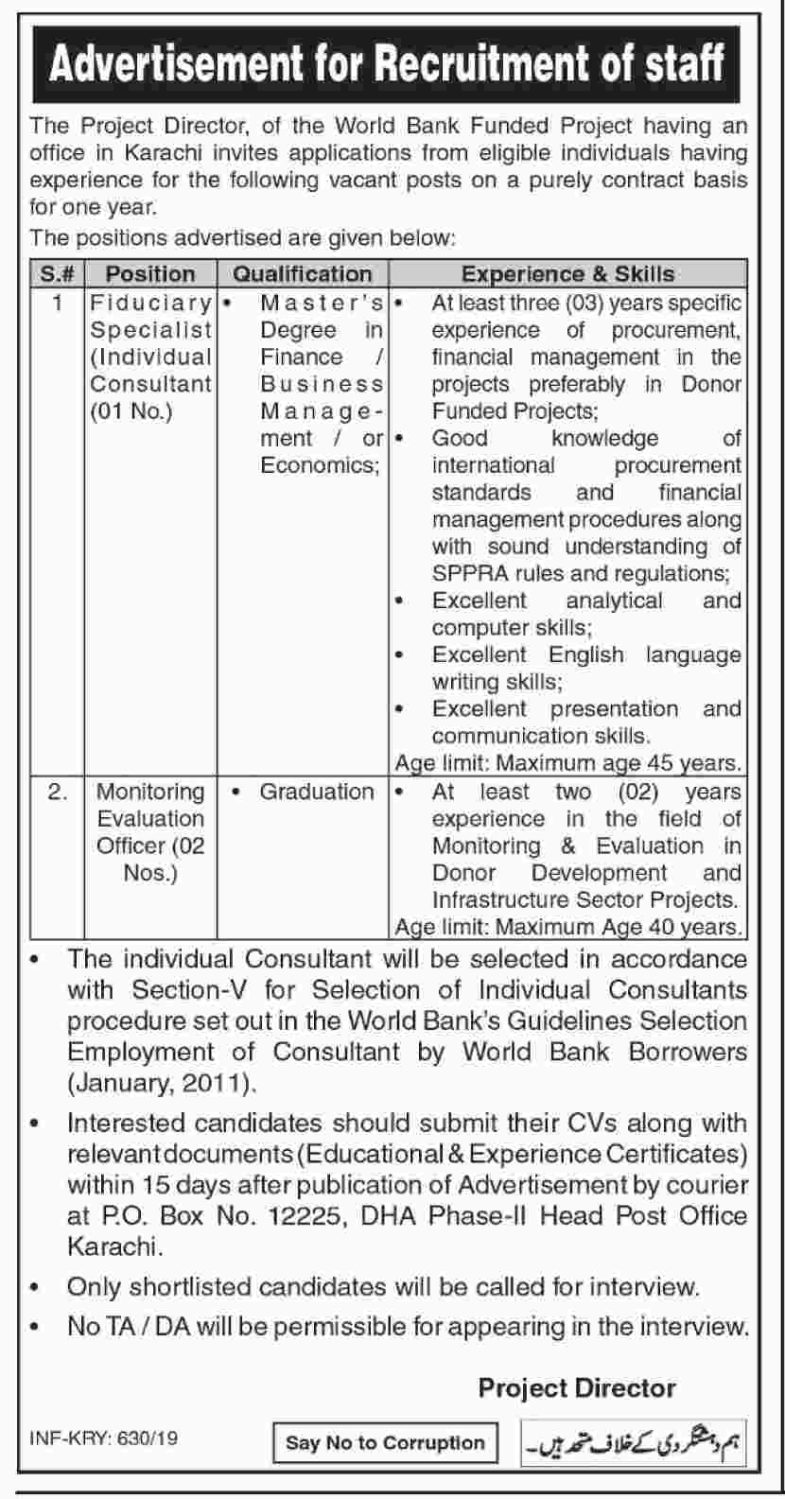 Sindh Department Jobs 2019 for Monitoring Evaluation Officers and Fiduciary Specialist