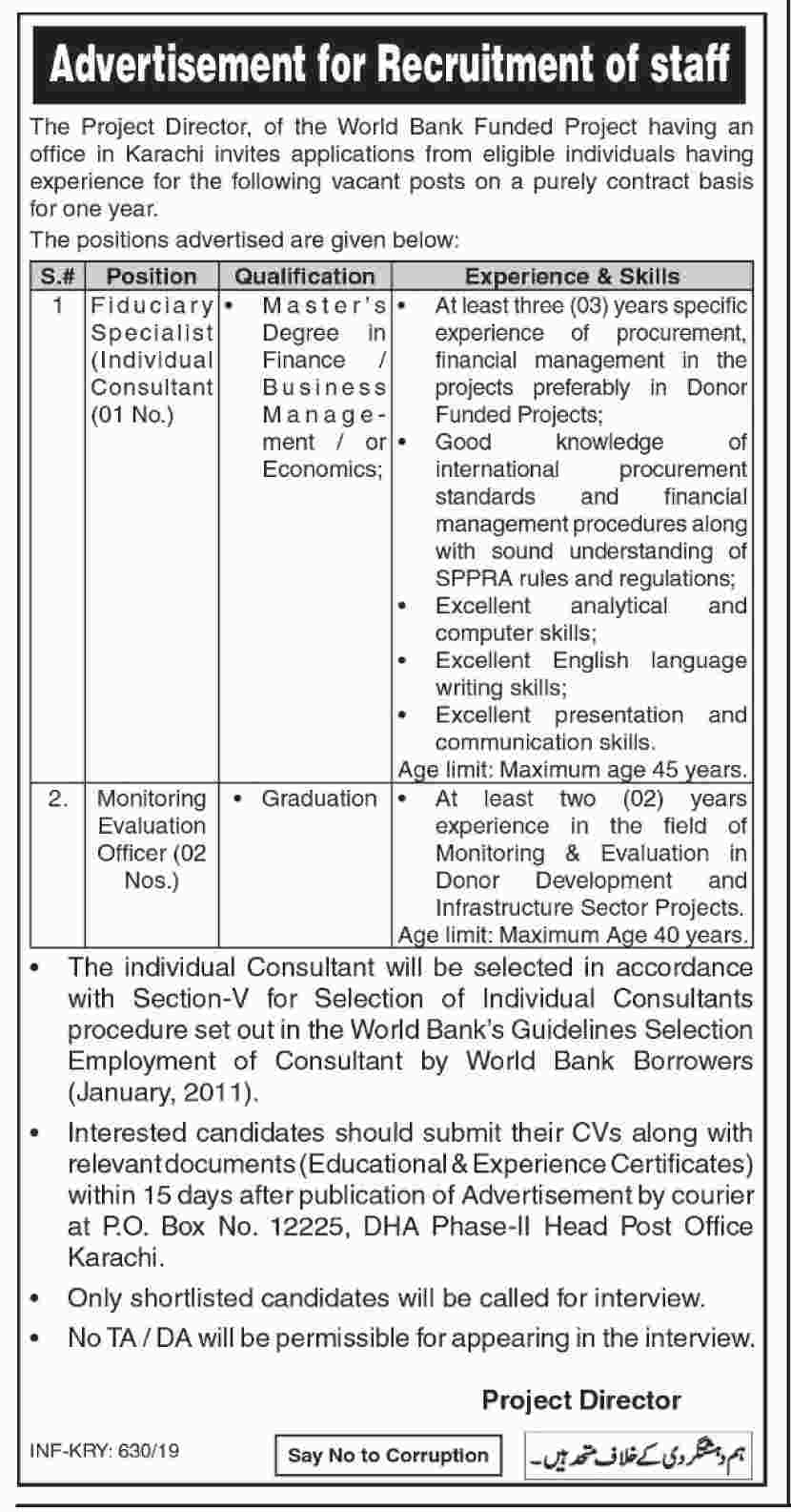 Sindh Department Jobs 2019 for Monitoring Evaluation Officers and Fiduciary Specialist