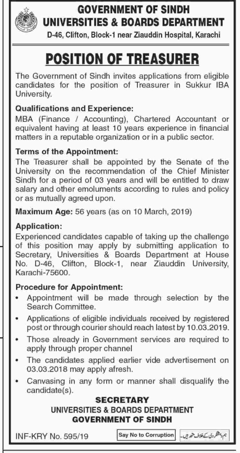 Universities & Boards Department Jobs 2019 for Treasurer and Director Finance