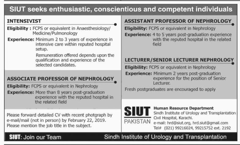 SIUT / Civil Hospital Karachi Jobs 2019 for Teaching Faculty and Intensivist