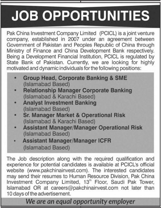 Pak-China Investment Company (PCICL) Jobs 2019 for Assistant Managers and Managers