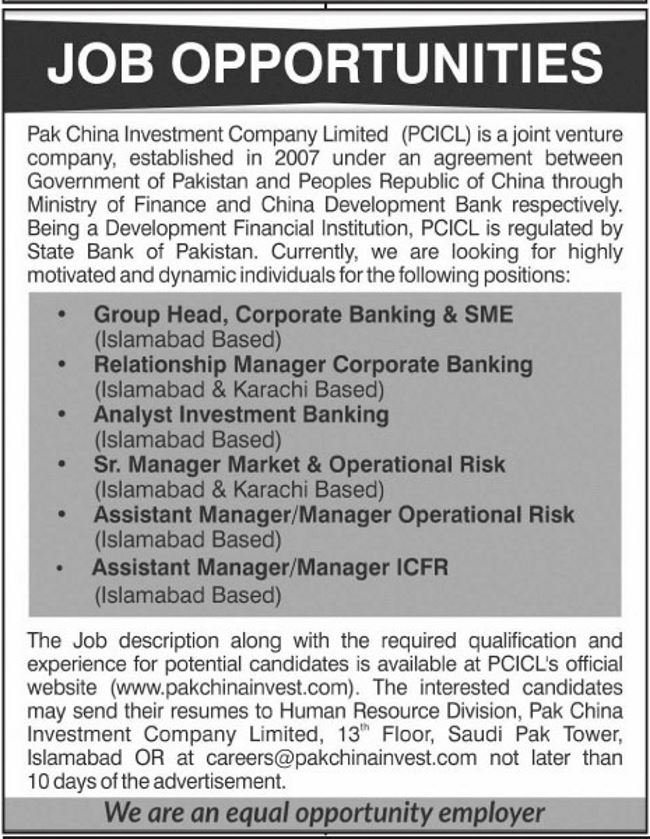 Pak-China Investment Company (PCICL) Jobs 2019 for Assistant Managers and Managers