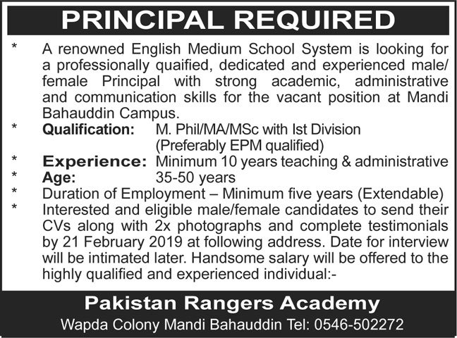 Pakistan Rangers Academy Jobs 2019 for the post of Principal