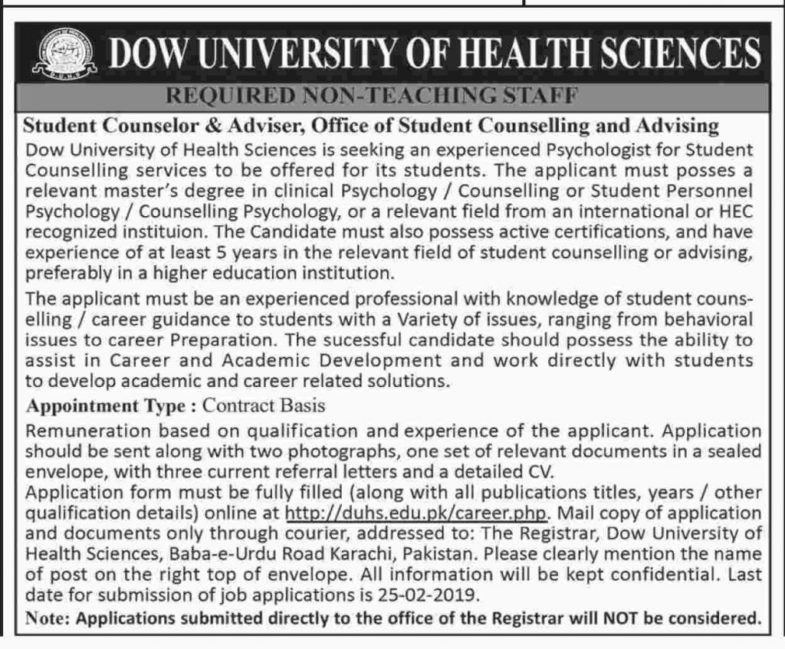 DOW University Jobs 2019 for Student Counselor, Advisor and Drivers