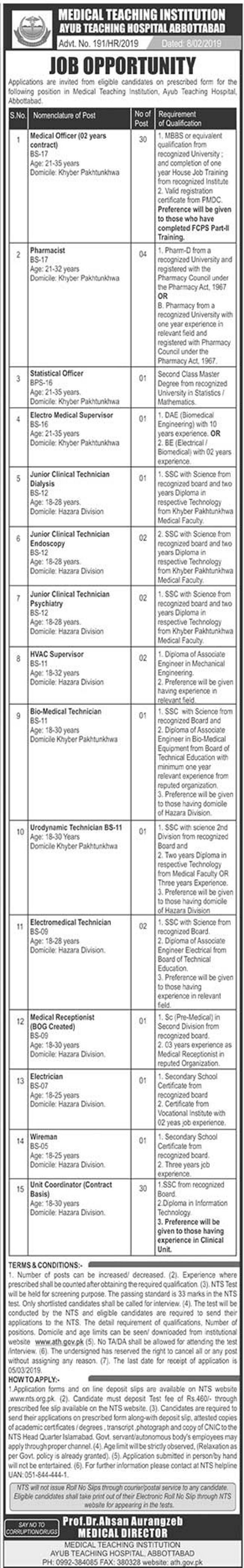 Ayub Teaching Hospital Abbottabad Jobs 2019 for 80+ Unit Coordinators, Pharmacists, Medical Officers, Technicians & Other Posts (Download NTS Form)