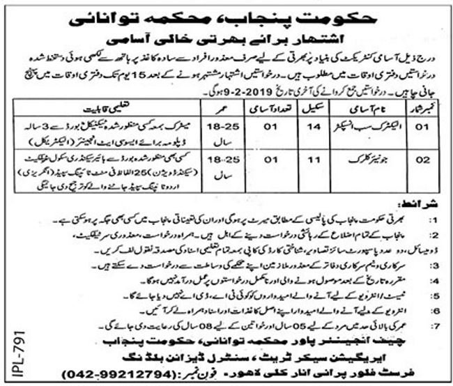 Energy Department Punjab Jobs 2019 for Electric Sub-Inspector and Junior Clerk (Disable Quota)
