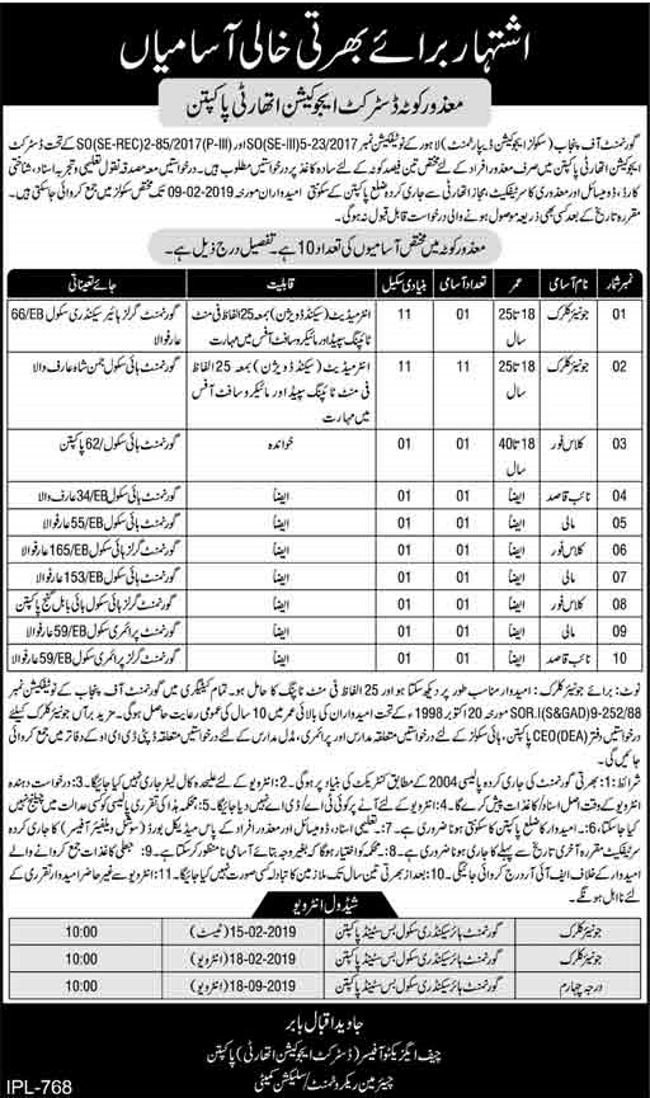 District Education Authority Pakpattan Jobs 2019 for 20+ Junior Clerks and Support Staff (Disable Quota)