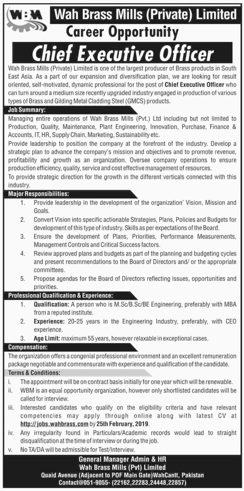 Wah Brass Mills Jobs 2019 for CEO Post