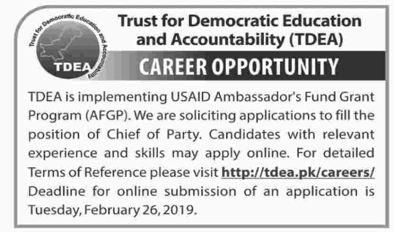 TDEA / USAID Pakistan Jobs 2019 for Chief of Party