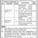 Sindh Transport & Mass Transit Department Jobs 2019 for Junior Clerk & Naib Qasid