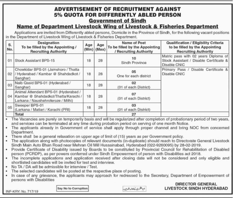 Livestock & Fisheries Department Sindh Jobs 2019 for 27+ Stock Assistants & Support Staff