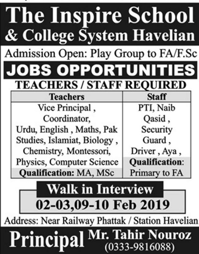 The Inspire School & College System Havelian Jobs 2019 for Teachers & Non-Teaching Staff