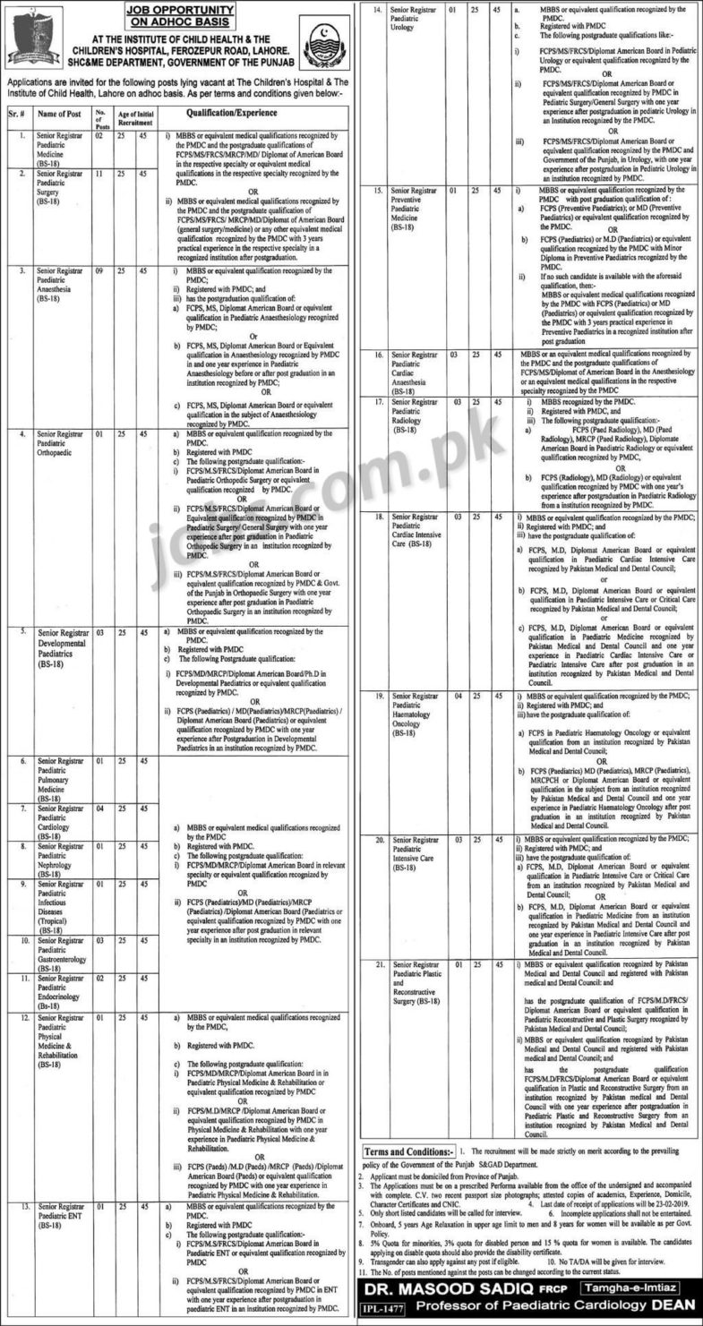 Children’s Hospital Lahore Jobs 2019 for 60+ Registrars