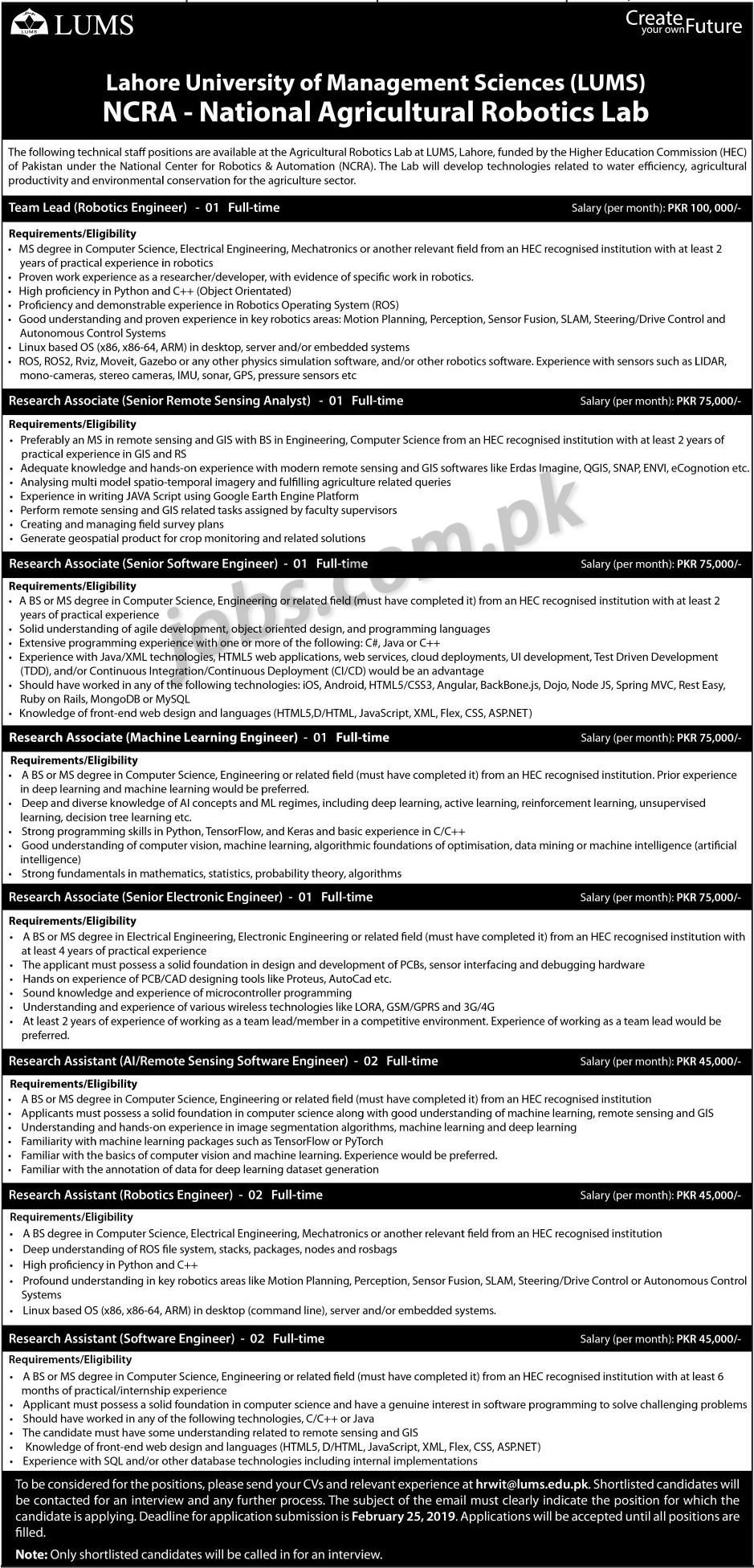 LUMS Jobs 2019 for 11+ Research Associates, Assistants & Team Lead Posts