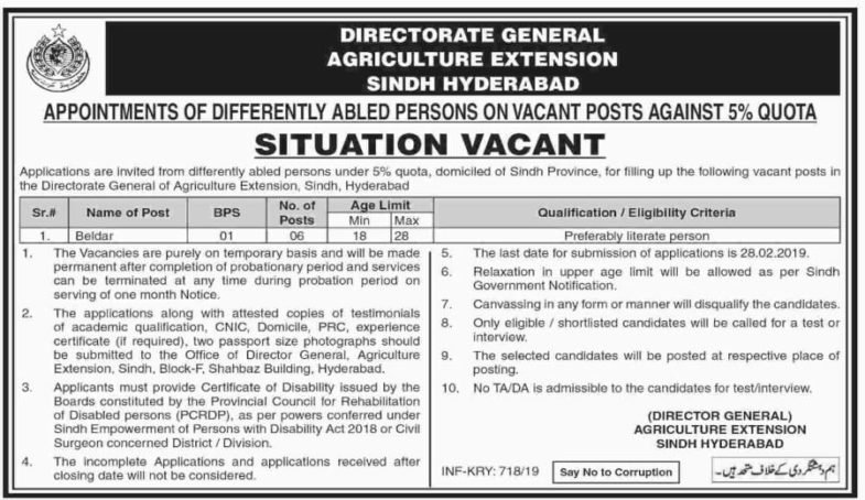 Agriculture Department Sindh Jobs 2019 for 6+ Beldar