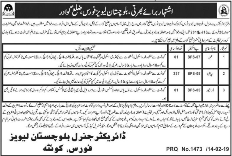 Balochistan Levies Force (Gwadar) Jobs 2019 for 239+ Sipahi, Muharrar and Driver Posts