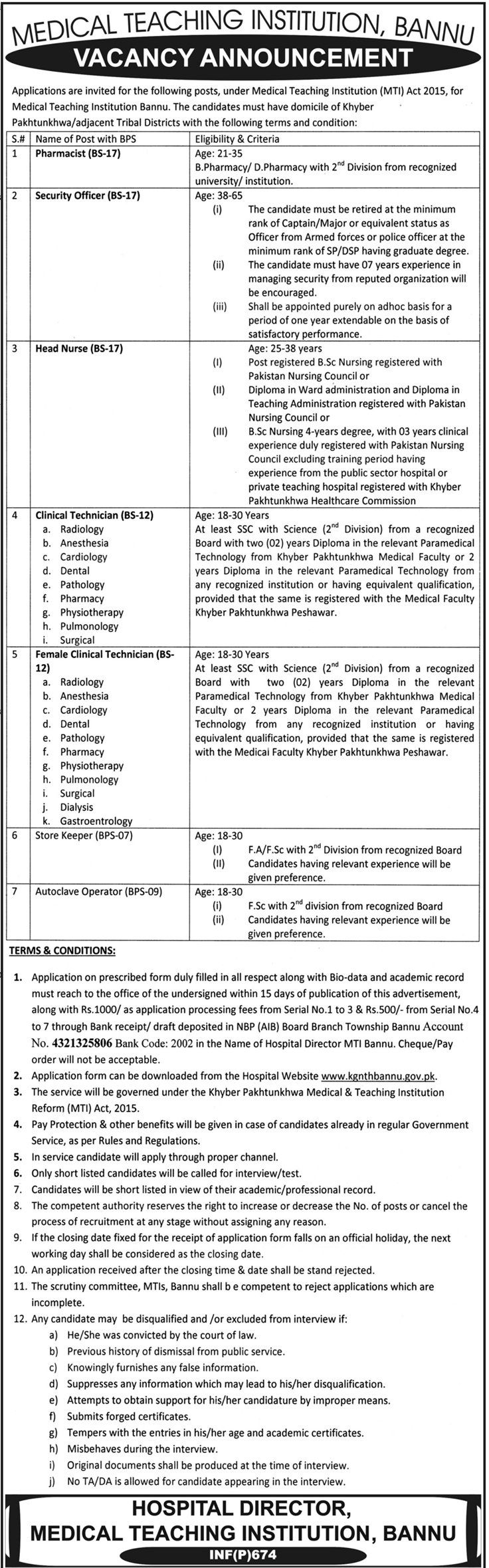Medical Teaching Institution Bannu Jobs 2019 for Paramedical, Pharmacists, Nurses & Other Posts