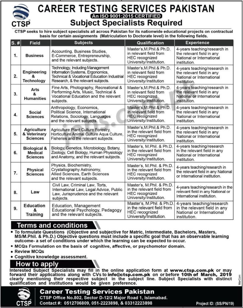 CTSP Jobs 2019 for Subject Specialists (Various Subjects) (All Pakistan) (Download Application Form)