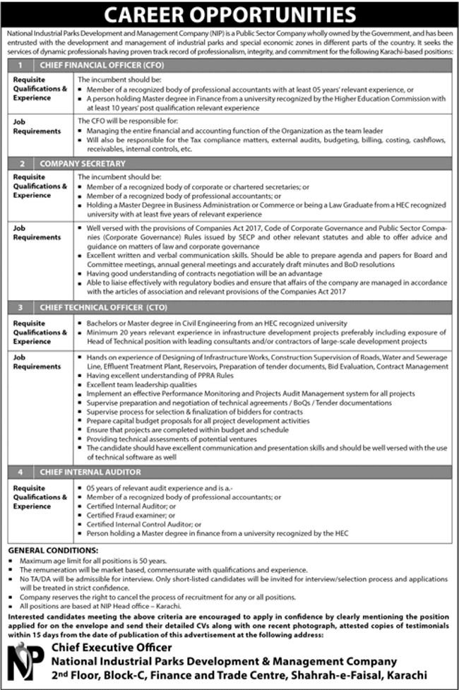 National Industrial Parks Development & Management Company (NIP) Jobs 2019 for Auditor, CTO, CFO and Secretary Posts