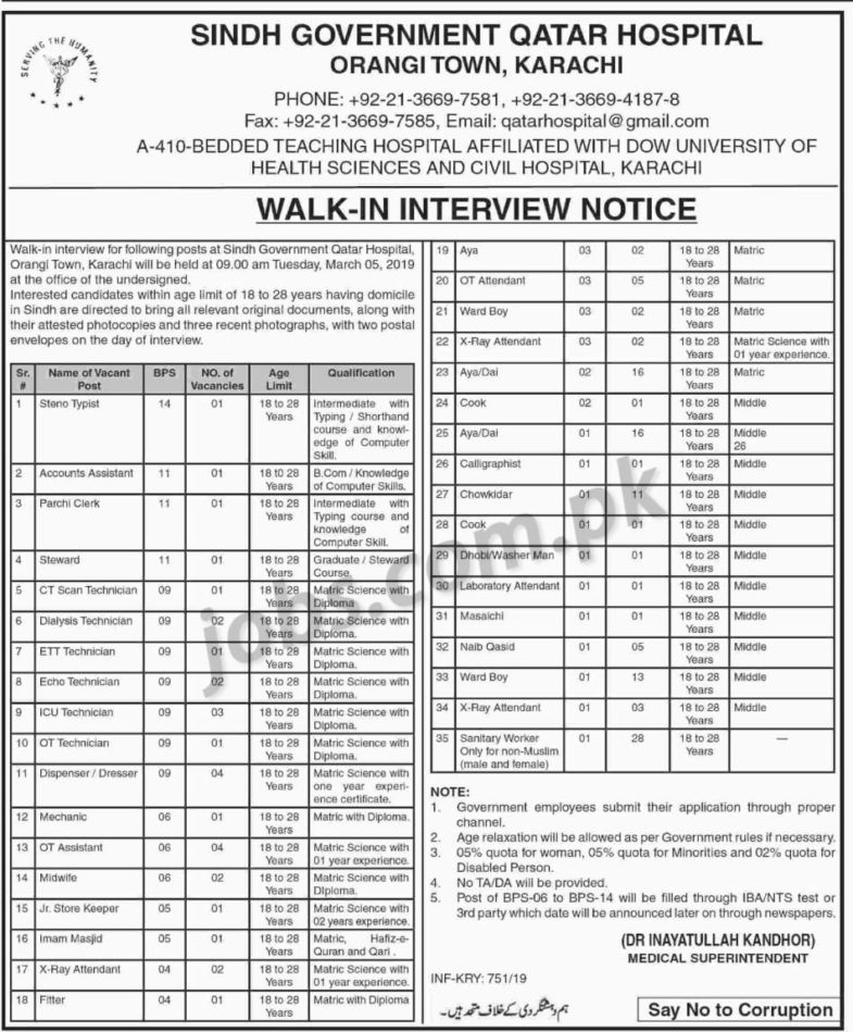 Sindh Government Qatar Hospital Jobs 2019 for 140+ Accounts, Clerks, Stenotypists, Technicians, Medical & Other Posts