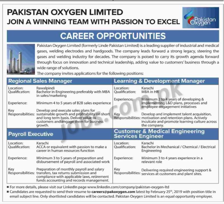Pakistan Oxygen Ltd Jobs 2019 for Accounts, Engineering, Regional Sales Manager and Learning/Development Manager
