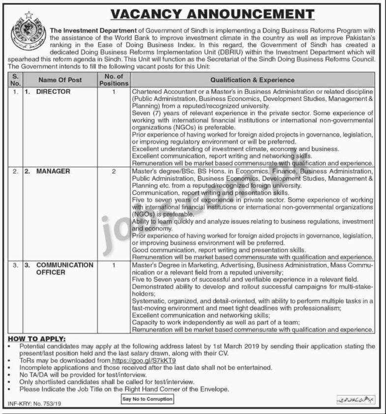 Sindh Investment Department Jobs 2019 for 4+ Communication Officer, Managers and Director Posts