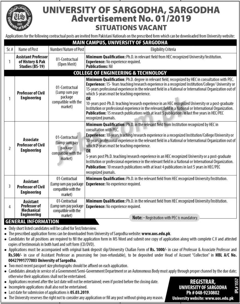 University of Sargodha (1/2019) Jobs 2019 for Teaching Faculty