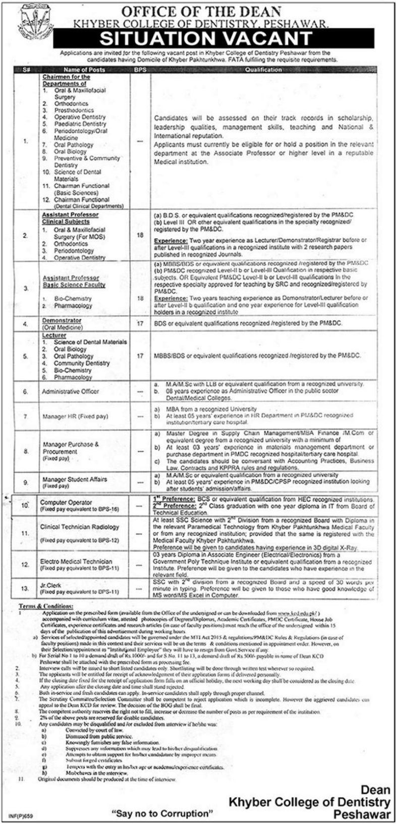 Khyber College of Dentistry Peshawar Jobs 2019 for Admin, HR, IT, Teaching & Other Staff