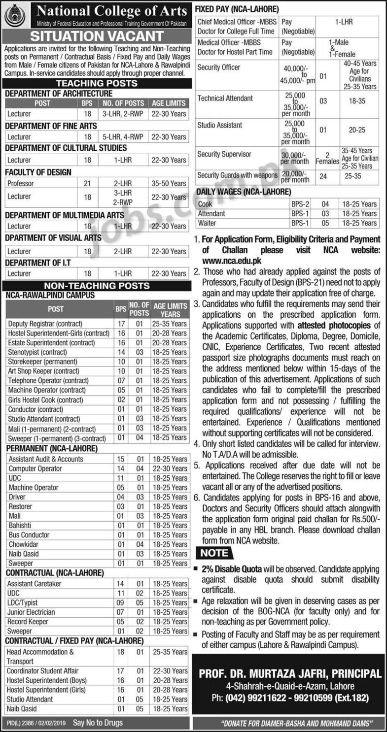 National College of Arts (NCA) Jobs 2019 for 145+ Teaching & Non-Teaching Posts (Multiple Categories)