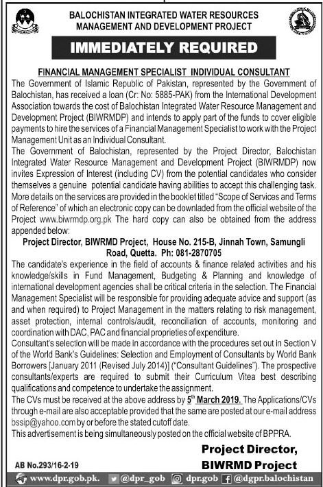 Balochistan Integrated Water Resource M&D Project Jobs 2019 for Consultant / Financial Management Specialist