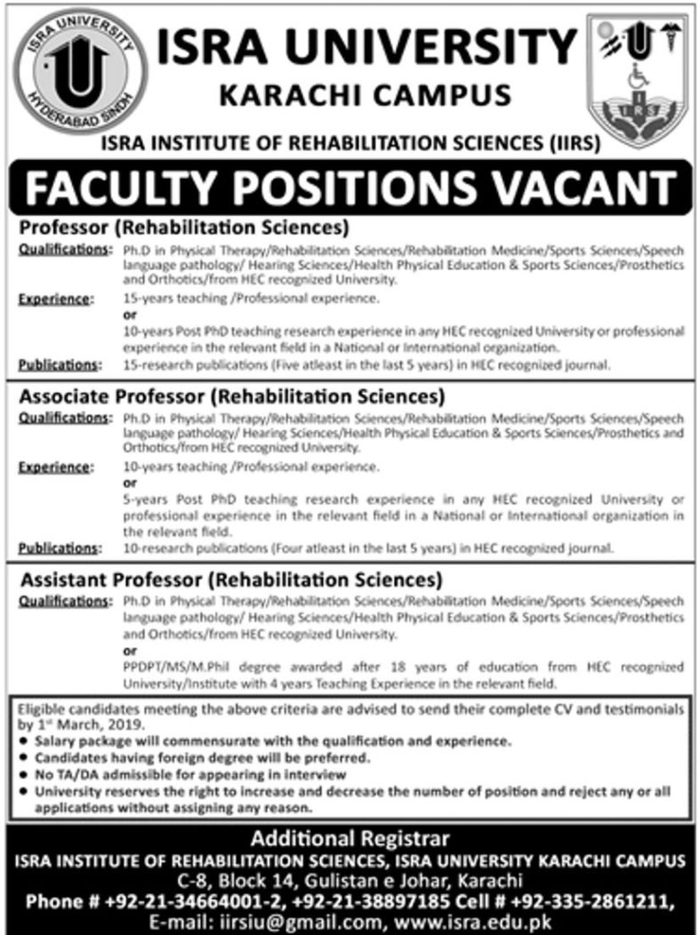 Isra University (Karachi) Jobs 2019 for Teaching Faculty