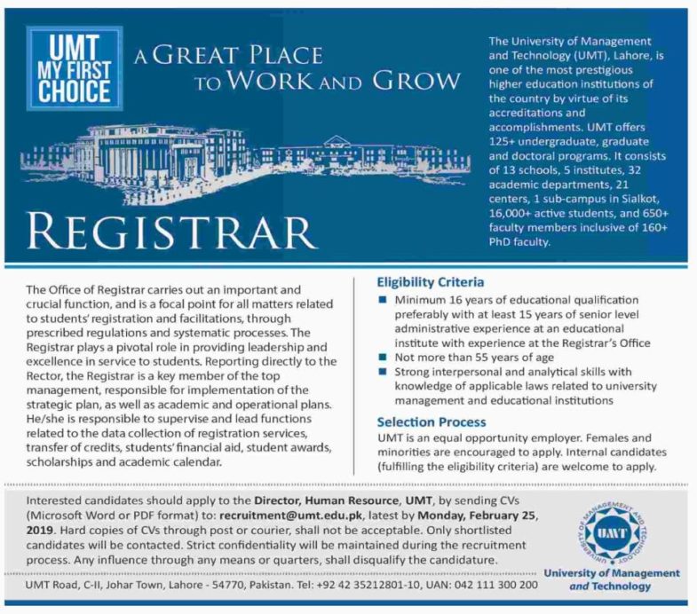 UMT Lahore Jobs 2019 for Registrar Post