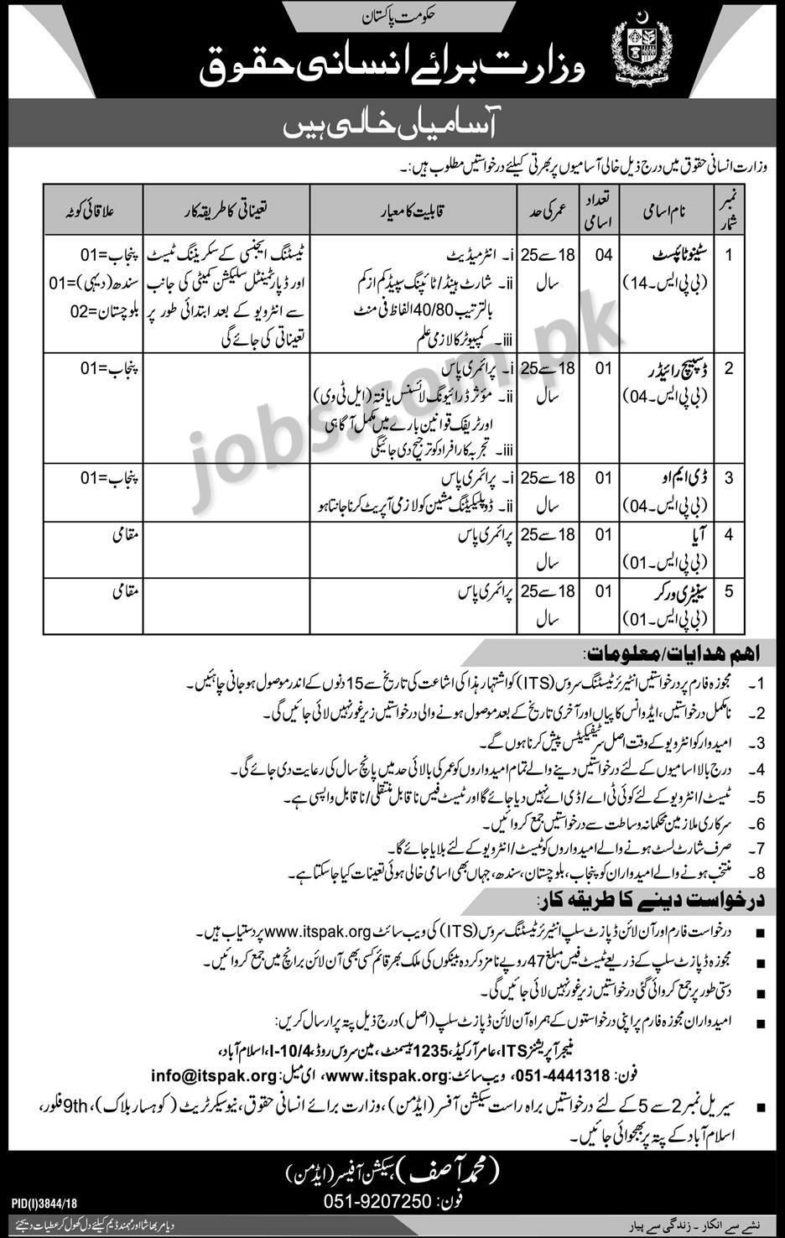 Ministry of Human Rights Pakistan Jobs 2019 for Stenotypits, DMO, Dispatch Rider and Other Support Staff (Download ITS Form)
