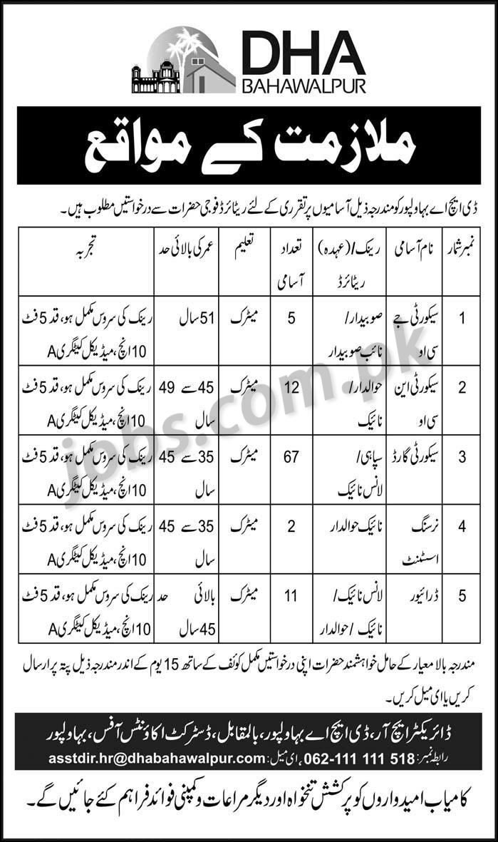 DHA Bahawalpur Jobs 2019 for 97+ Nursing Assistants, Security Guards, JCO/NCO and Drivers