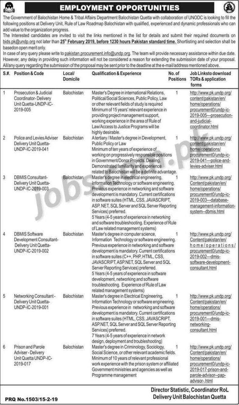 Home & Tribal Affairs Department Balochistan Jobs 2019 for Specialists in Various Fields
