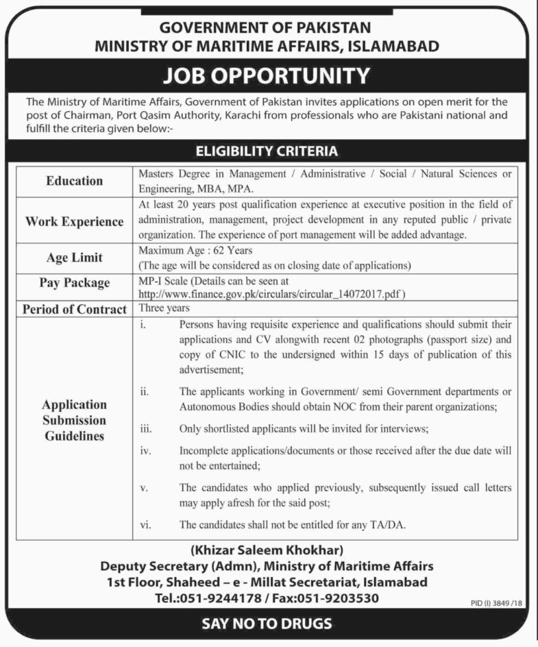 Ministry of Maritime Affairs Islamabad Jobs 2019 for the post of Chairman PQA