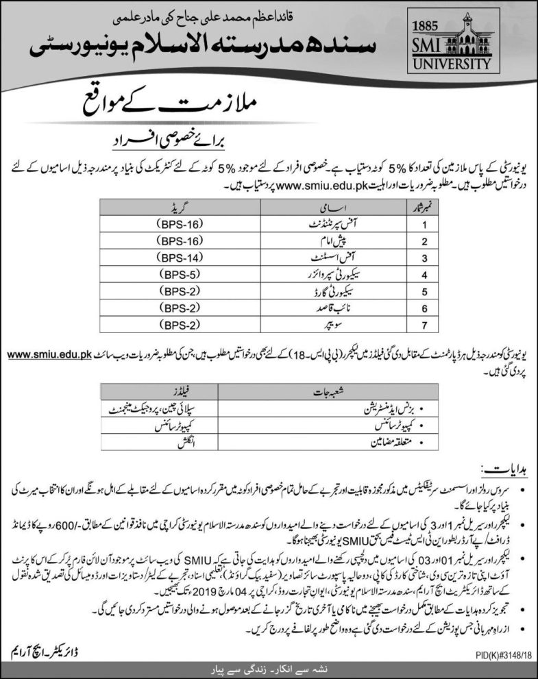 SMI University Karachi Jobs 2019 for Teaching & Non-Teaching Staff