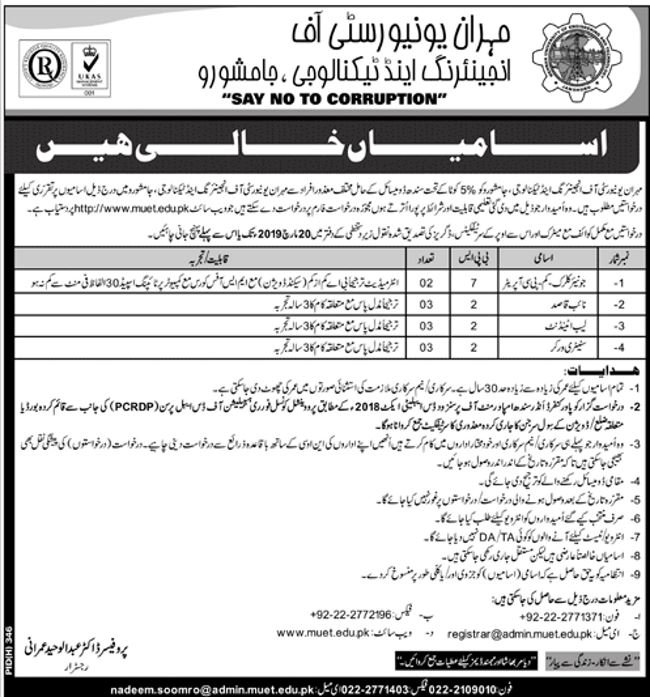 Mehran University of Engineering & Technology Jamshoro Jobs 2019 for 11+ Jr Clerk, Computer Operator & Support Staff