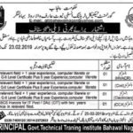 Government Technical Training Institute Bahawalnagar Jobs 2019 for Various Instructors / Teaching Staff