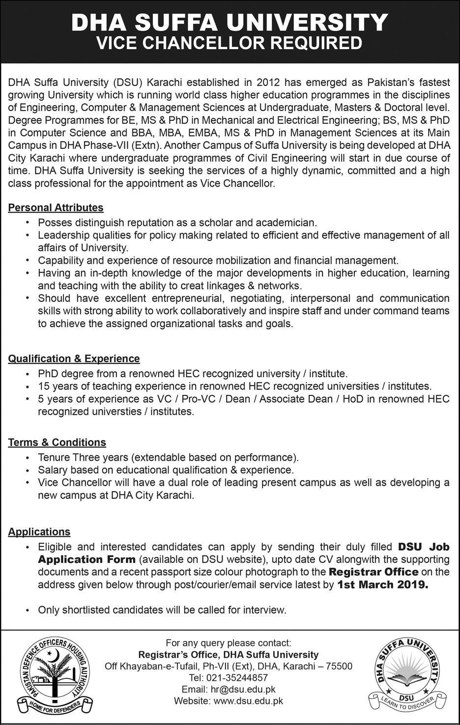 DHA Suffa University Jobs 2019 for Vice Chancellor