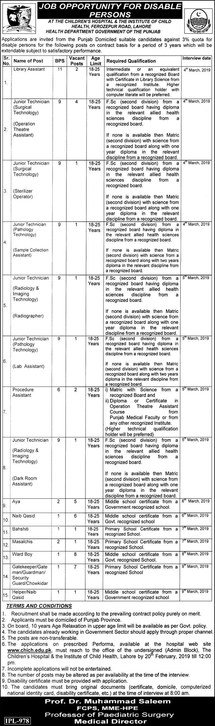 Punjab Health Department Jobs 2019 for 40+ Posts (Multiple Categories) (Disable Quota)